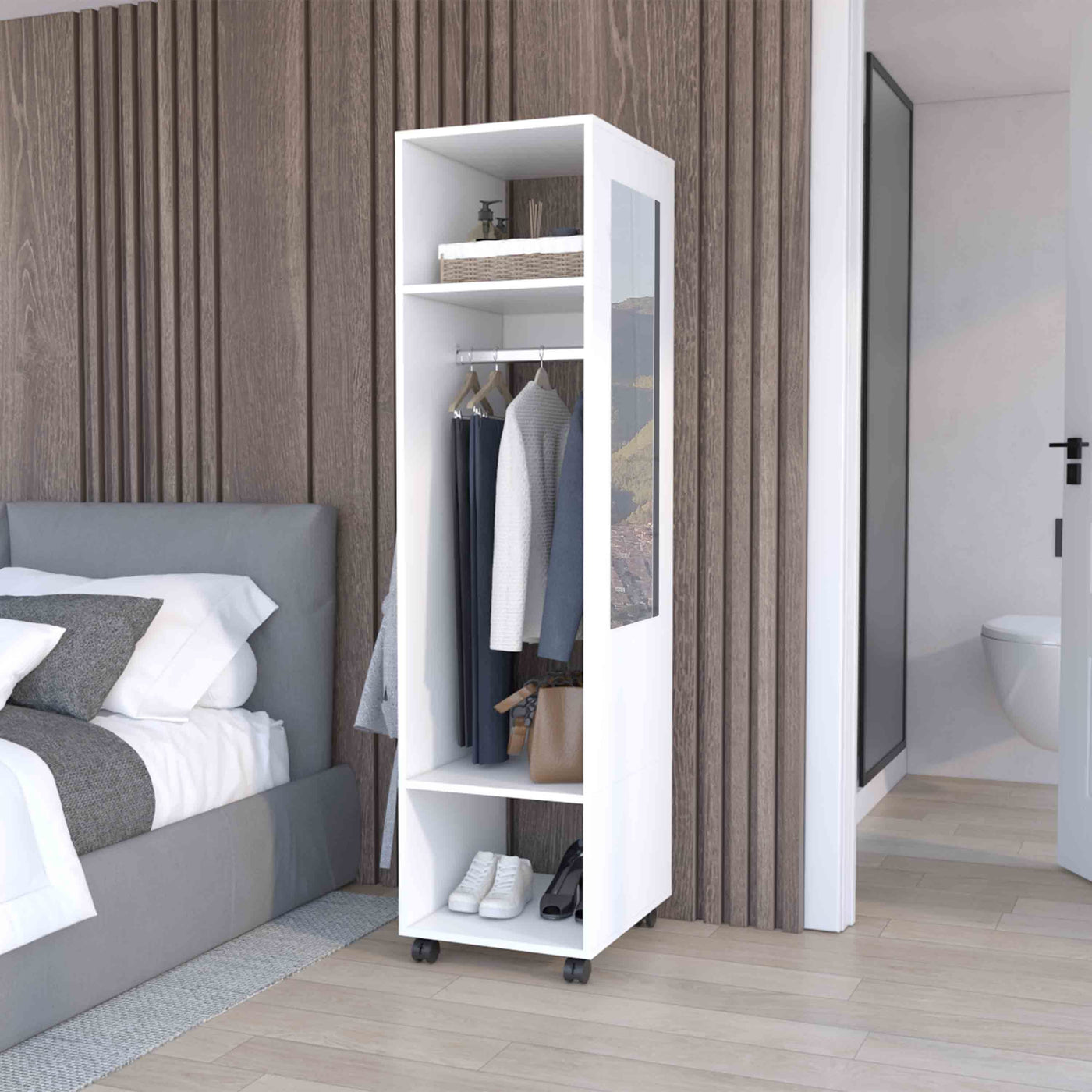 63" Tall Wardrobe with Mirror, Shelves, Casters and Hanging Rod