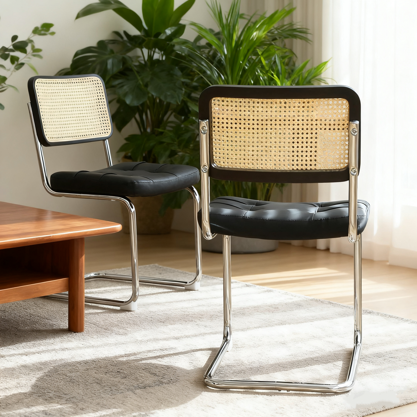 Set of 2 Faux Leather Rattan Dining Chairs Chrome Legs