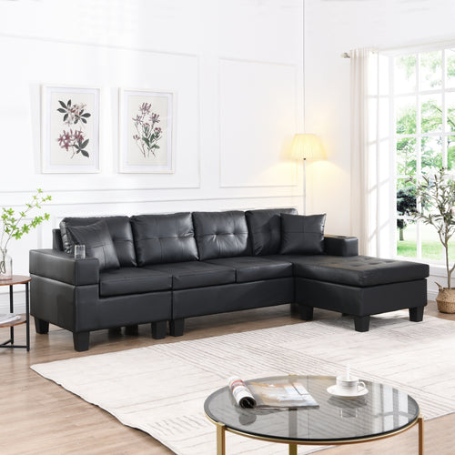Sectional Sofa L-Shape Chaise PU Leather Black 4-Seat Cup Holders 96x57 In