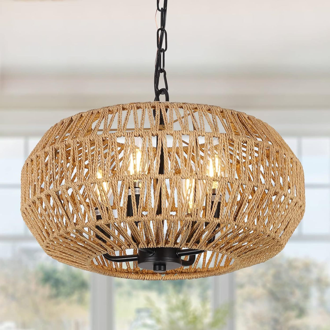 4-Light Wicker Rattan Boho Pendant Chandelier, 15.7