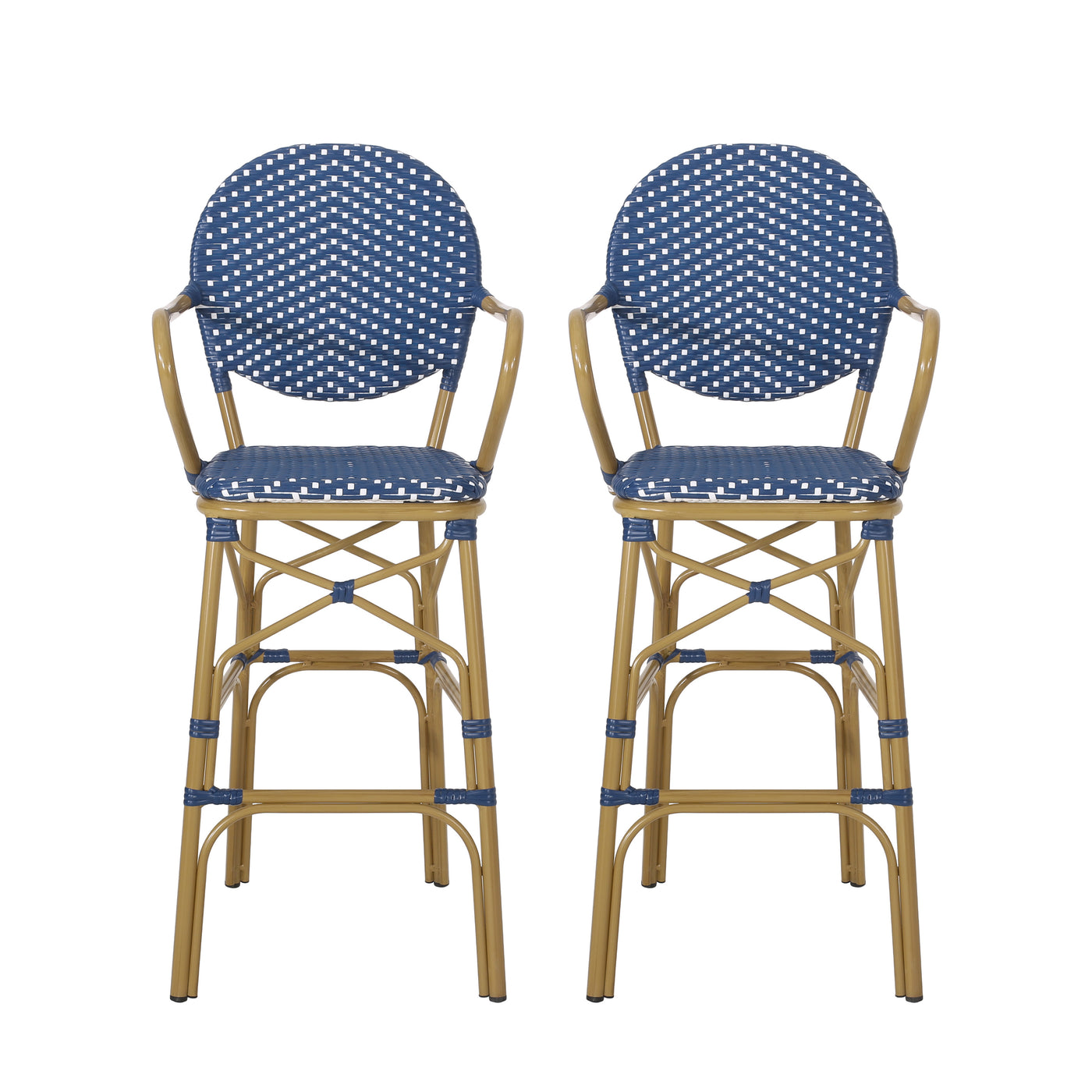 Navy Blue Outdoor Wicker Aluminum Barstool Set 29.5