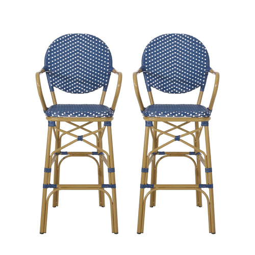 Navy Blue Outdoor Wicker Aluminum Barstool Set 29.5