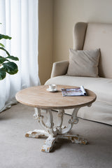 Round Wooden Coffee Table 31.5" Distressed White Scrollwork