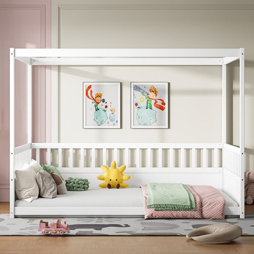 Full Size Canopy Floor Bed Frame with Four Poster Design
