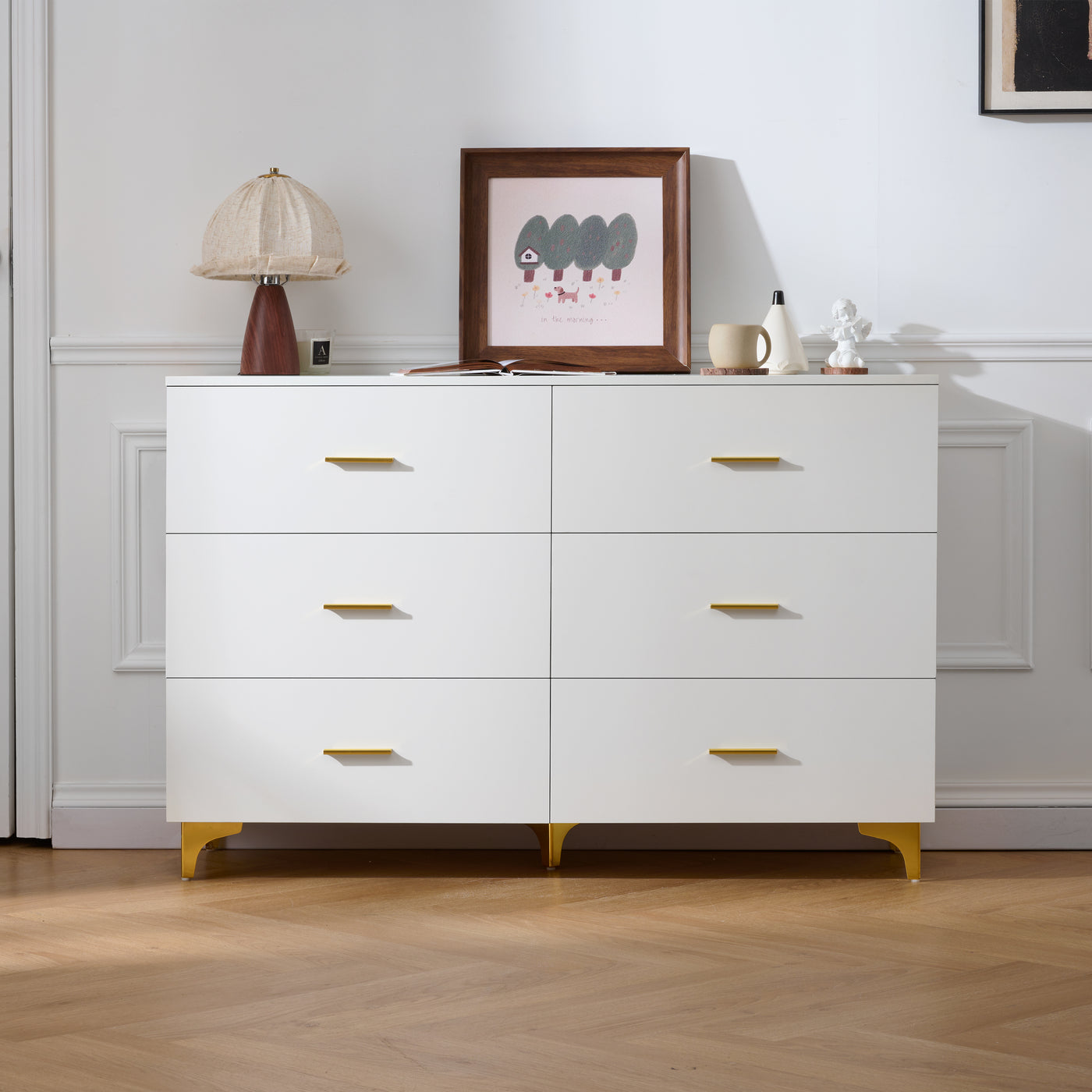 White 6 Drawer Dresser with Gold Handles & Metal Legs