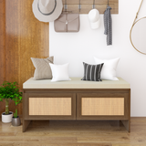 PP Rattan Storage Bench with Cushion, Faux Rattan Shoe Cabinet with 2 Doors