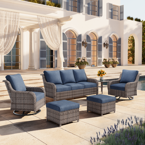 Outdoor Patio Set PE Rattan Swivel Chairs Gray Blue