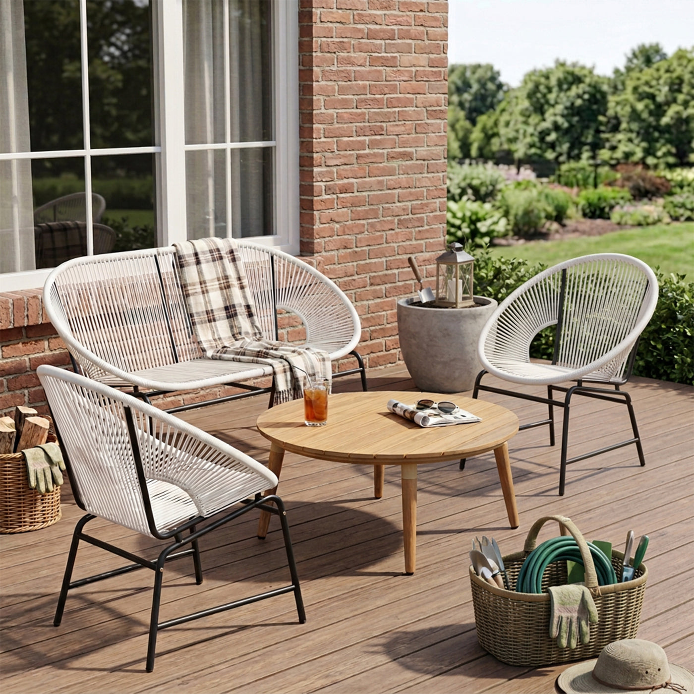 4-Piece Outdoor Patio Chat Set White Rattan Iron Frame Acacia