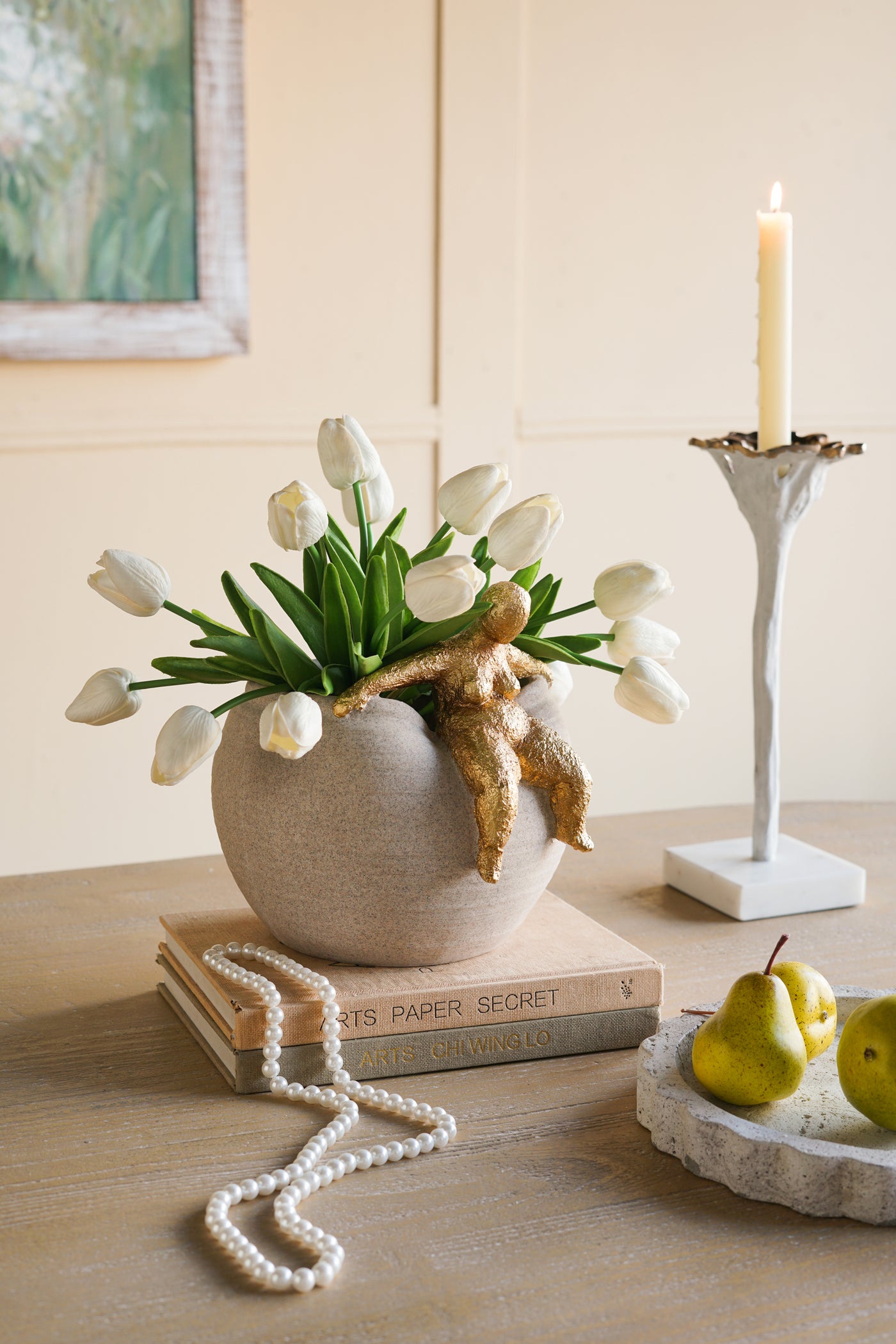 Round Planter with Gold Abstract Figurine 9.3x8.8x8.8