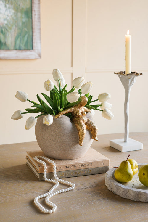 Round Planter with Gold Abstract Figurine 9.3x8.8x8.8