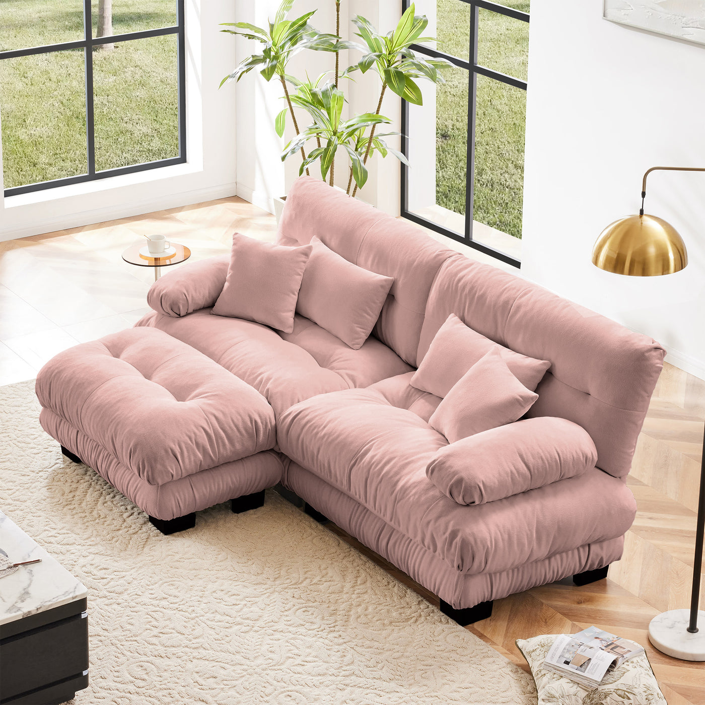Sectional Sofa Cloud Curved Chenille Pink 2 Seat Convertible Ottoman