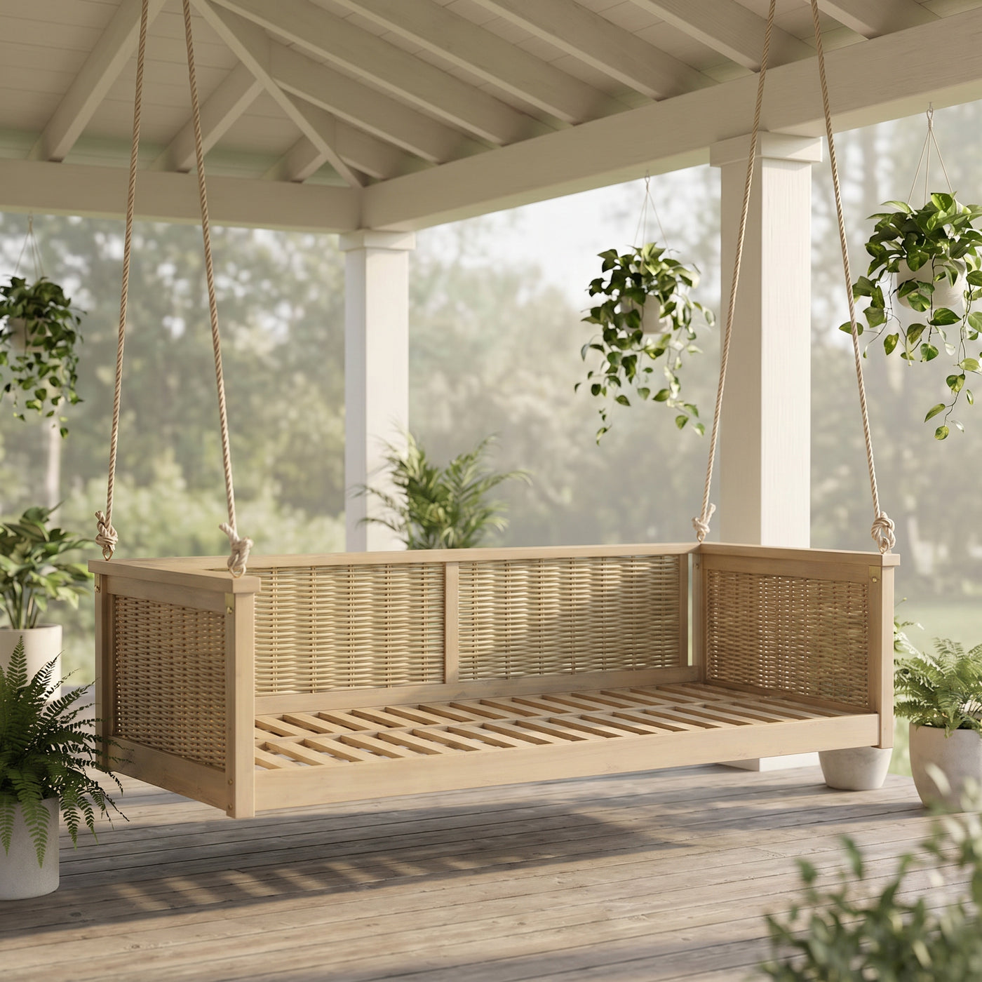 Twin Size Swing Bed Wood Outdoor Porch Garden Rattan Frame