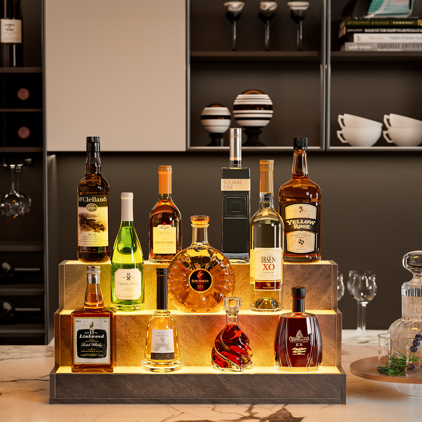 LED Liquor Bottle Display Shelf 24" 3-Tier Remote Control