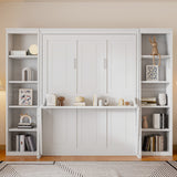 Queen Size Murphy Bed with Desk and Bookshelf, White