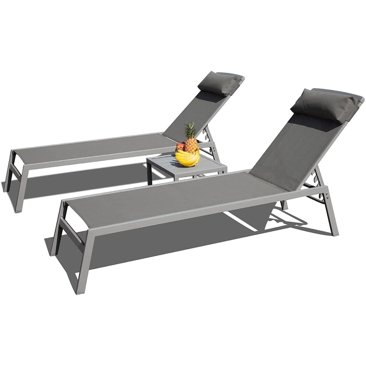 Chaise Lounge Set Aluminum Gray Textilene 5 Position 3 Piece Table