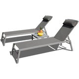 Chaise Lounge Set Aluminum Gray Textilene 5 Position 3 Piece Table