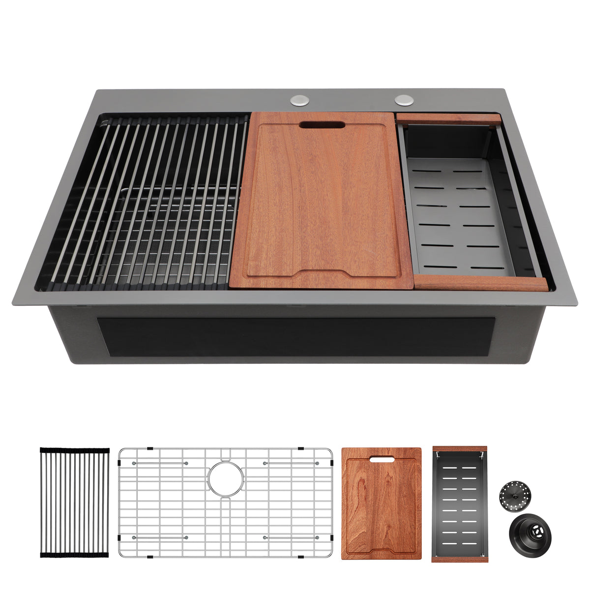 Gunmetal Black 33' Drop-In Kitchen Sink with Ledge Workstation, 16 Gauge Stainle