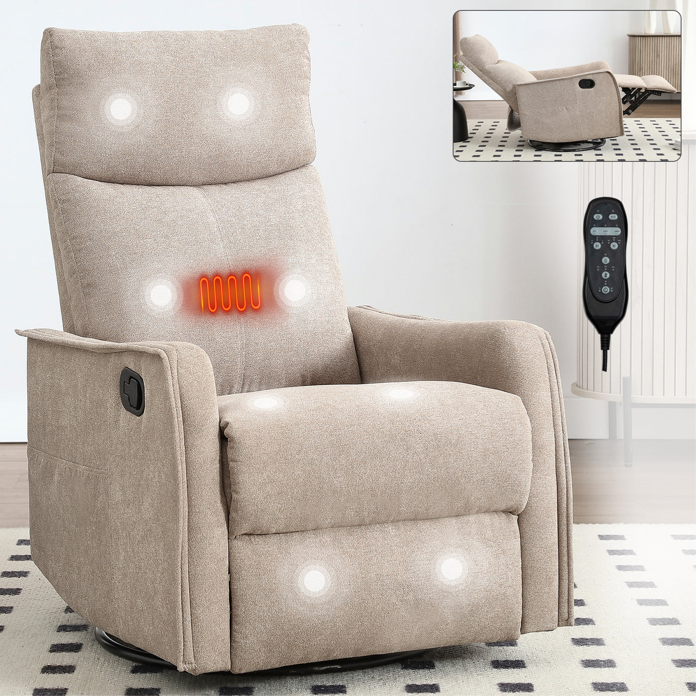 Heat Massage Recliner Chair with Rocker Swivel in Khaki Fabric