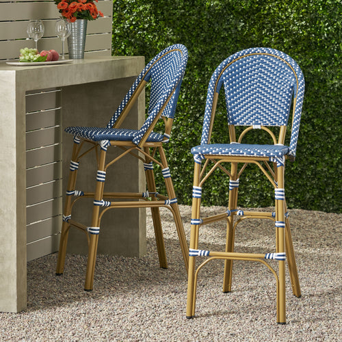 Outdoor PE Rattan French Barstool Set, Dark Teal and White, Aluminum Frame,