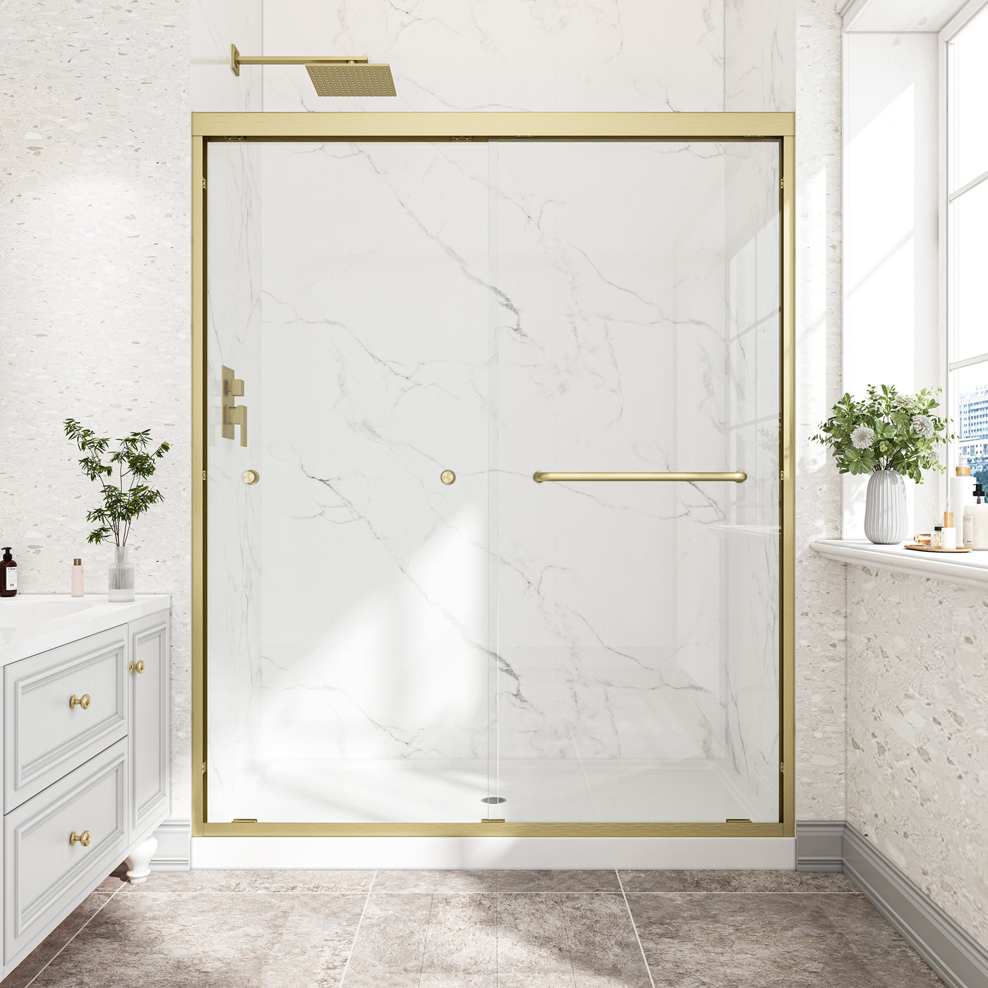 Brushed Gold Double Bypass Sliding Shower Door 55-60"W 72"H