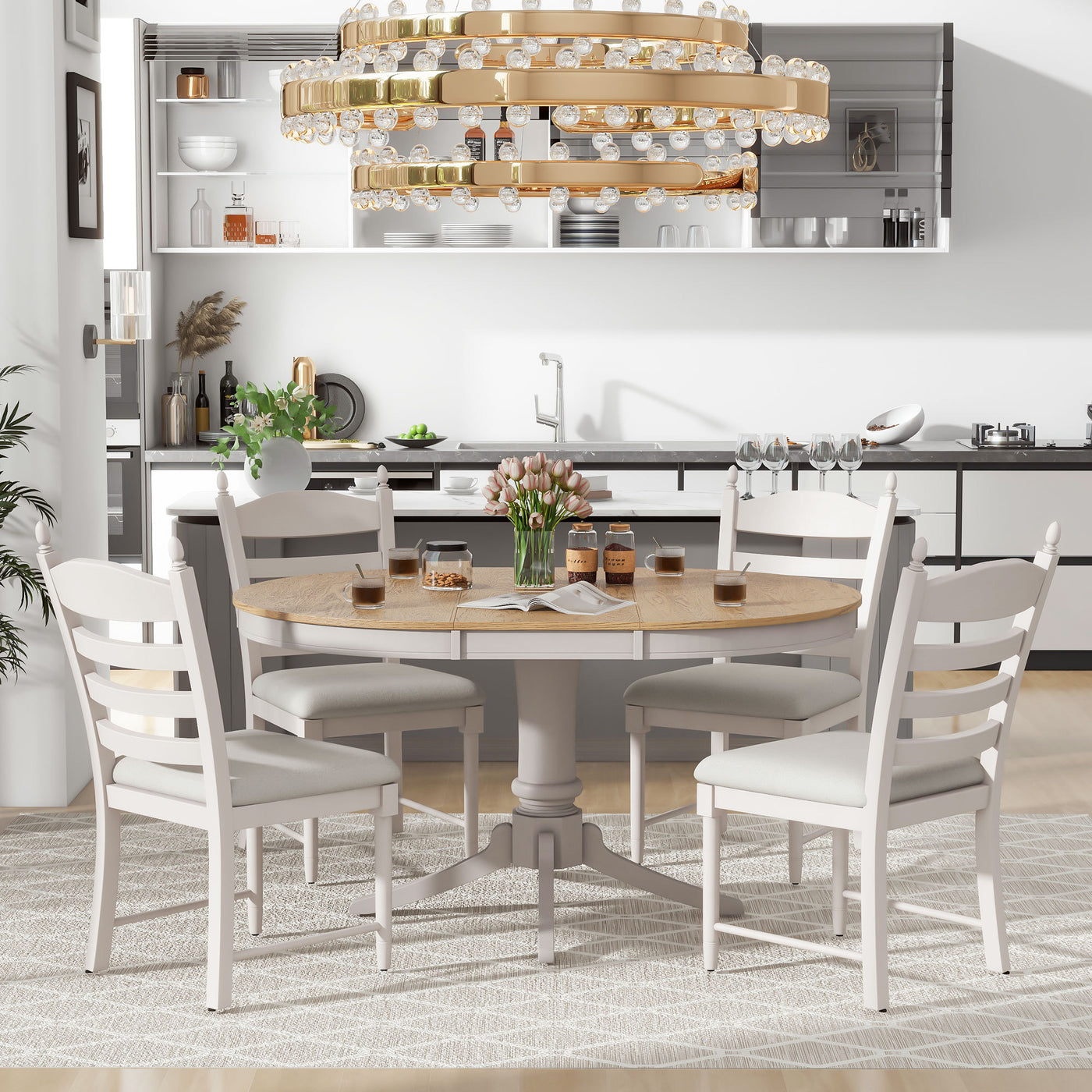 5-Piece Retro Functional Dining Table Set Wood Round Extendable Dining Table