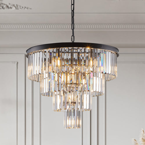 Chandelier Crystal 4-Tier Black 24 In Modern Living Dining Room