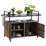 Outdoor Wicker Bar Cart, Patio Wine Serving Cart w/Wheels