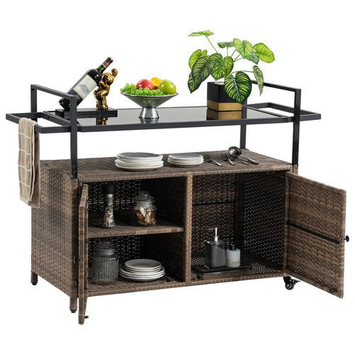 Outdoor Wicker Bar Cart, Patio Wine Serving Cart w/Wheels
