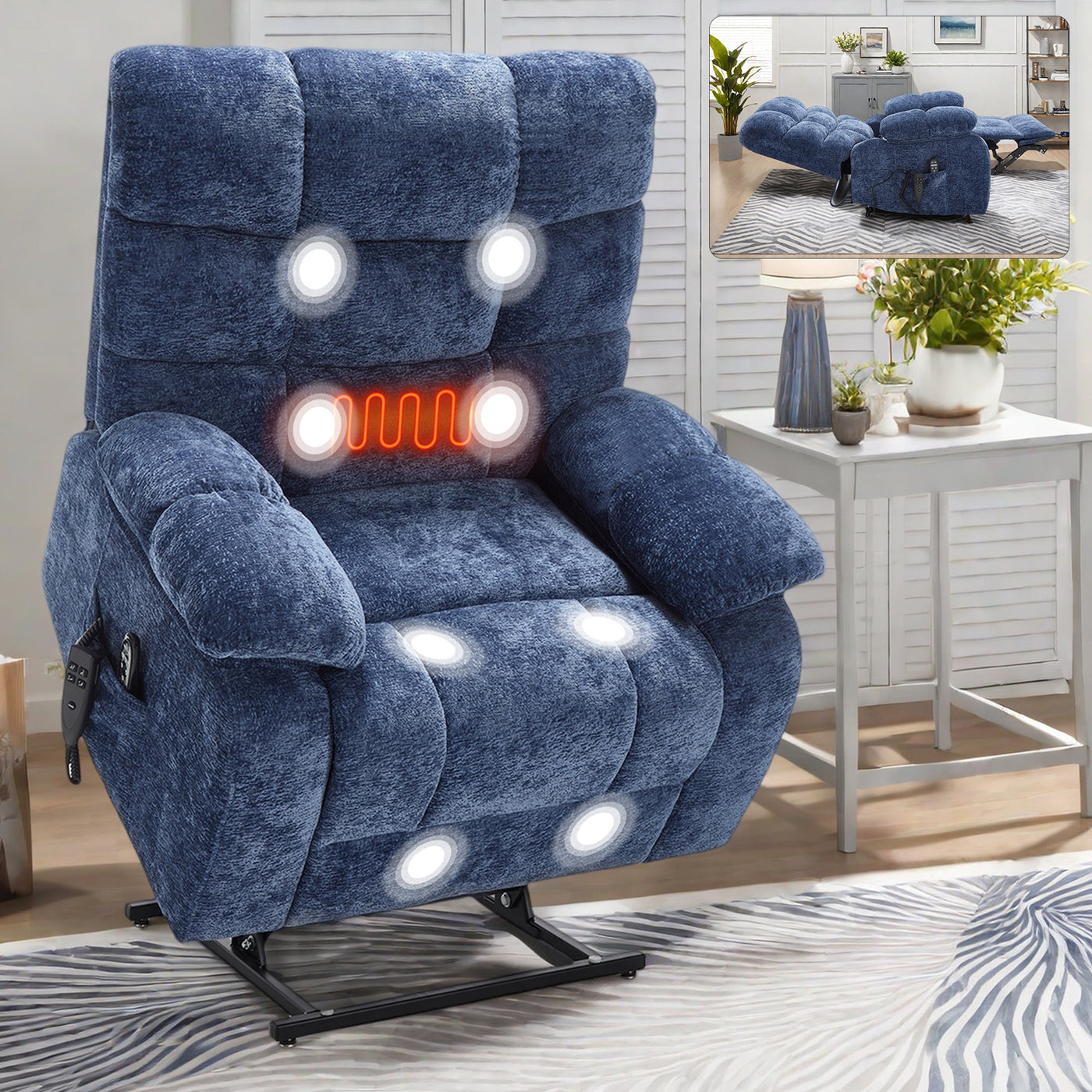 Lift Recliner Chair Dual Motor Heat Massage 350 lbs Blue