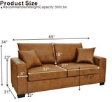 Light Brown Foil Fabric Two-Seater Sofa with Throw Pillows, Wood and Fabric Construction, 69-Inch Compact Design