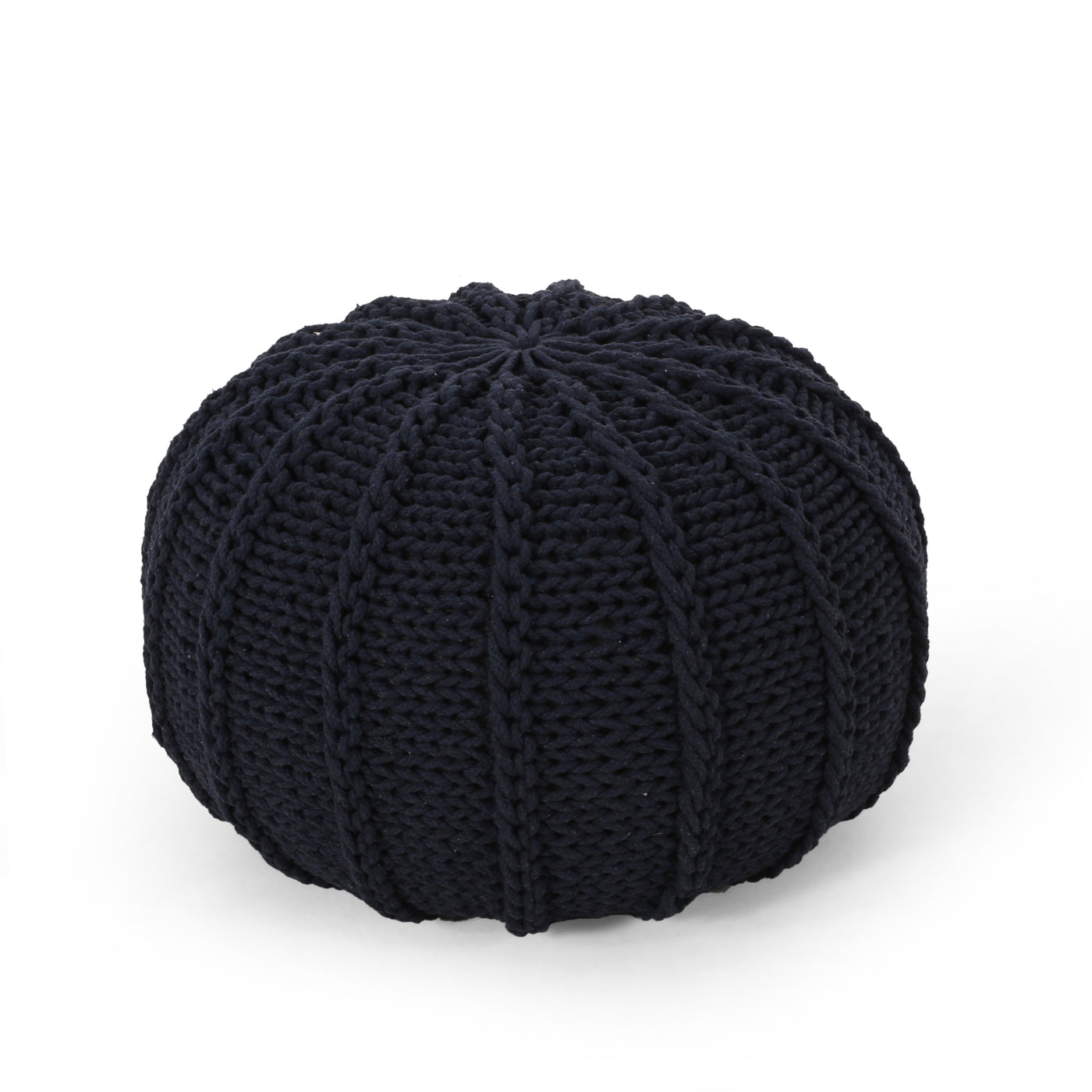 Dark Blue Knitted Cotton Round Pouf Ottoman 20x20x13