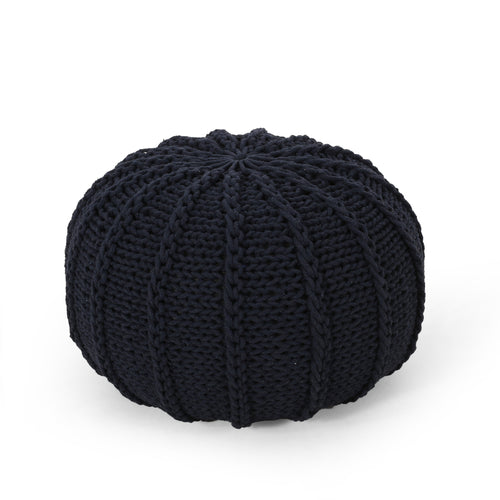 Dark Blue Knitted Cotton Round Pouf Ottoman 20x20x13