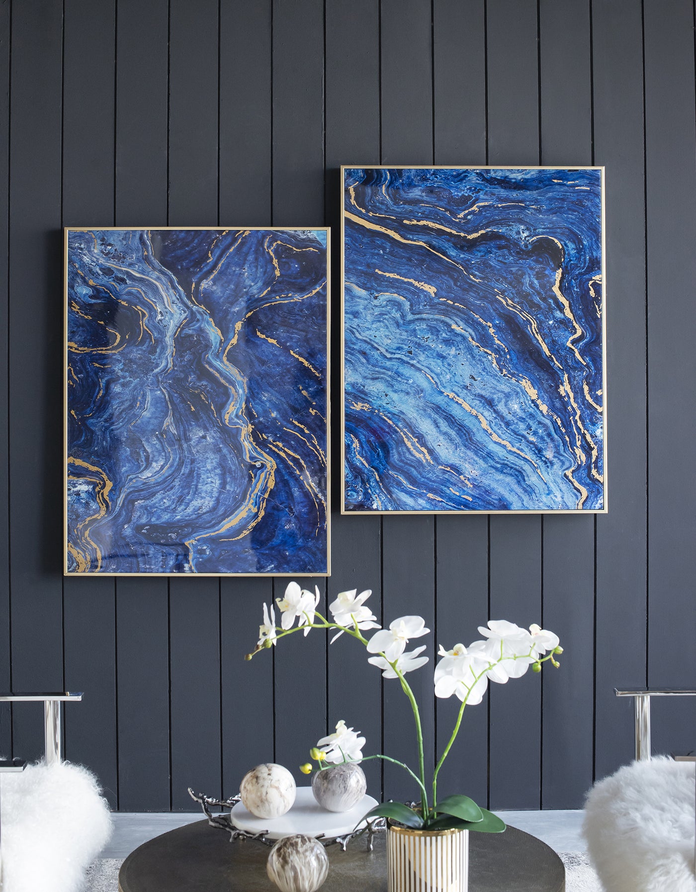 Blue and Gold Marbled Framed Art Panels Set of 2, 30.5" x 40
