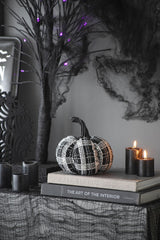 Set of 2, 7x7x7' Fabric Light Black White Plaid Pumpkin, for Holiday Halloween D