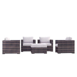 Outdoor Patio Set HDPE Wicker Brown 5 Piece 4 Armchairs Ottoman Cushions