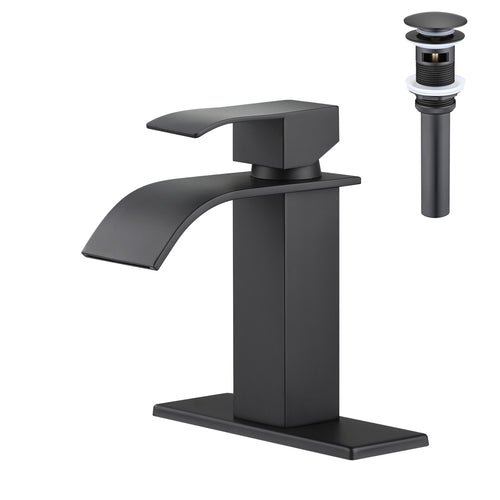 Waterfall Spout Single Handle Bathroom Sink Faucet Pop-Up Drain