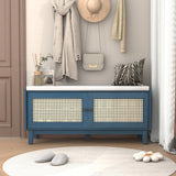 Boho Rattan Entryway Bench with Storage, Cushioned Shoe Bench with Double