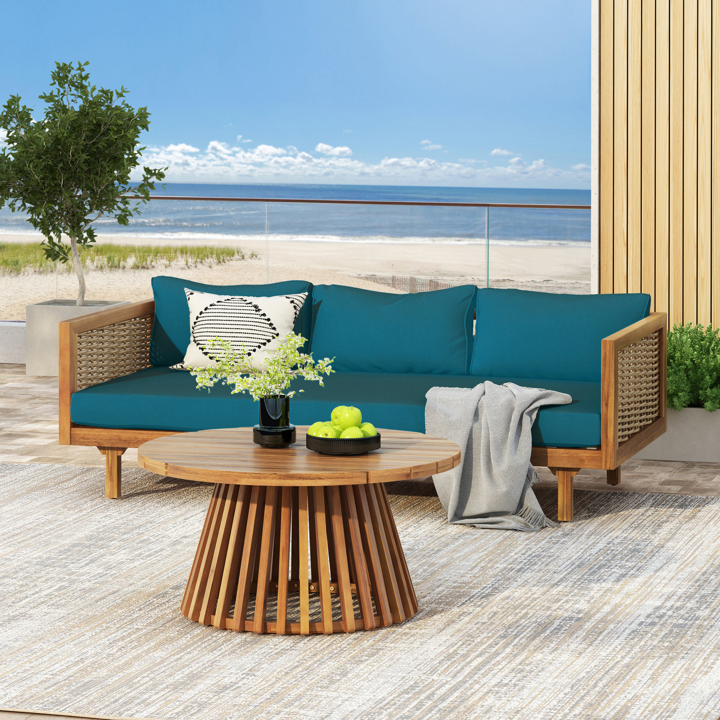Outdoor Patio Set Acacia Wood Wicker Teak Dark Teal Daybed 2 Piece 600 LB