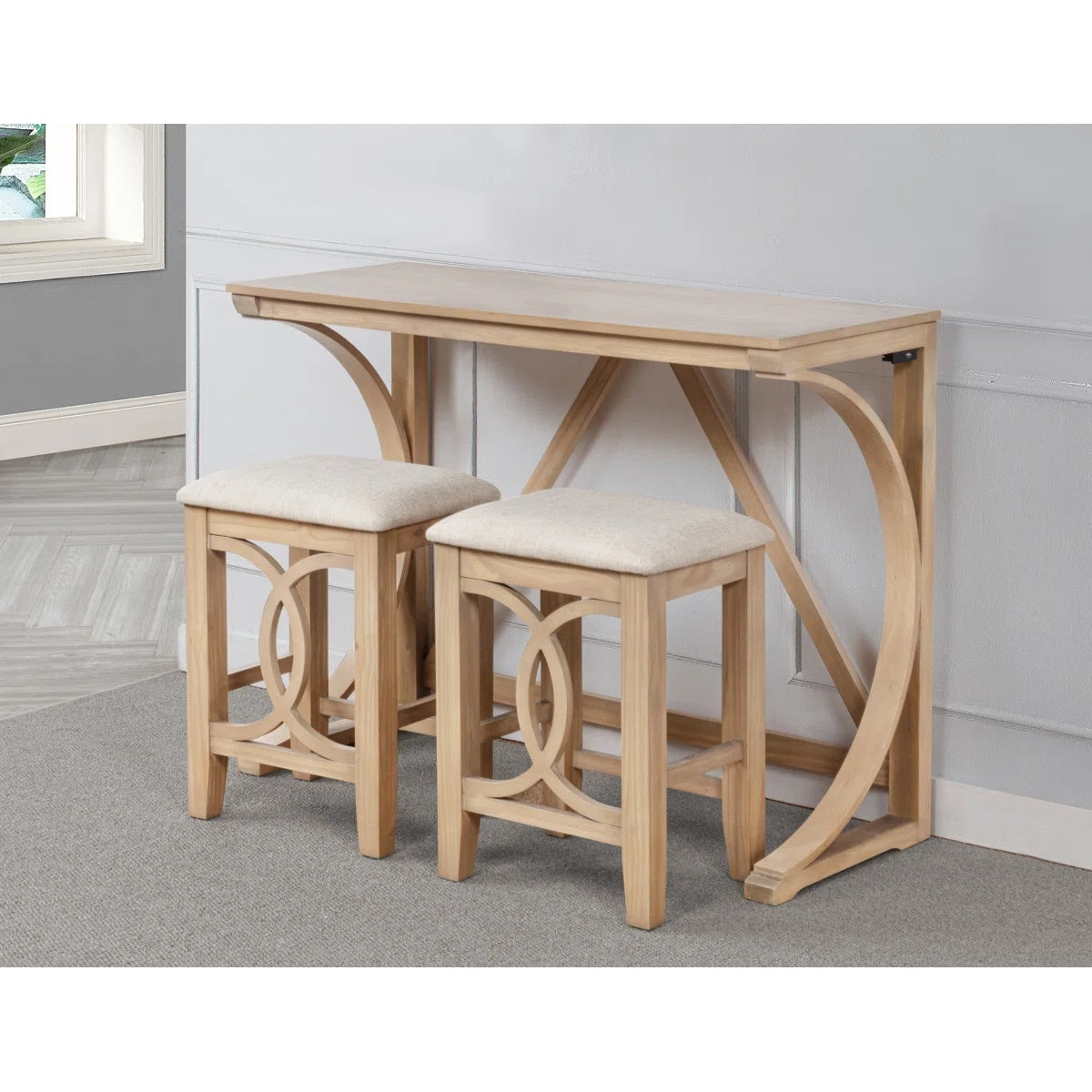 3-Piece Natural Wood Counter Height Dining Set USB Ports