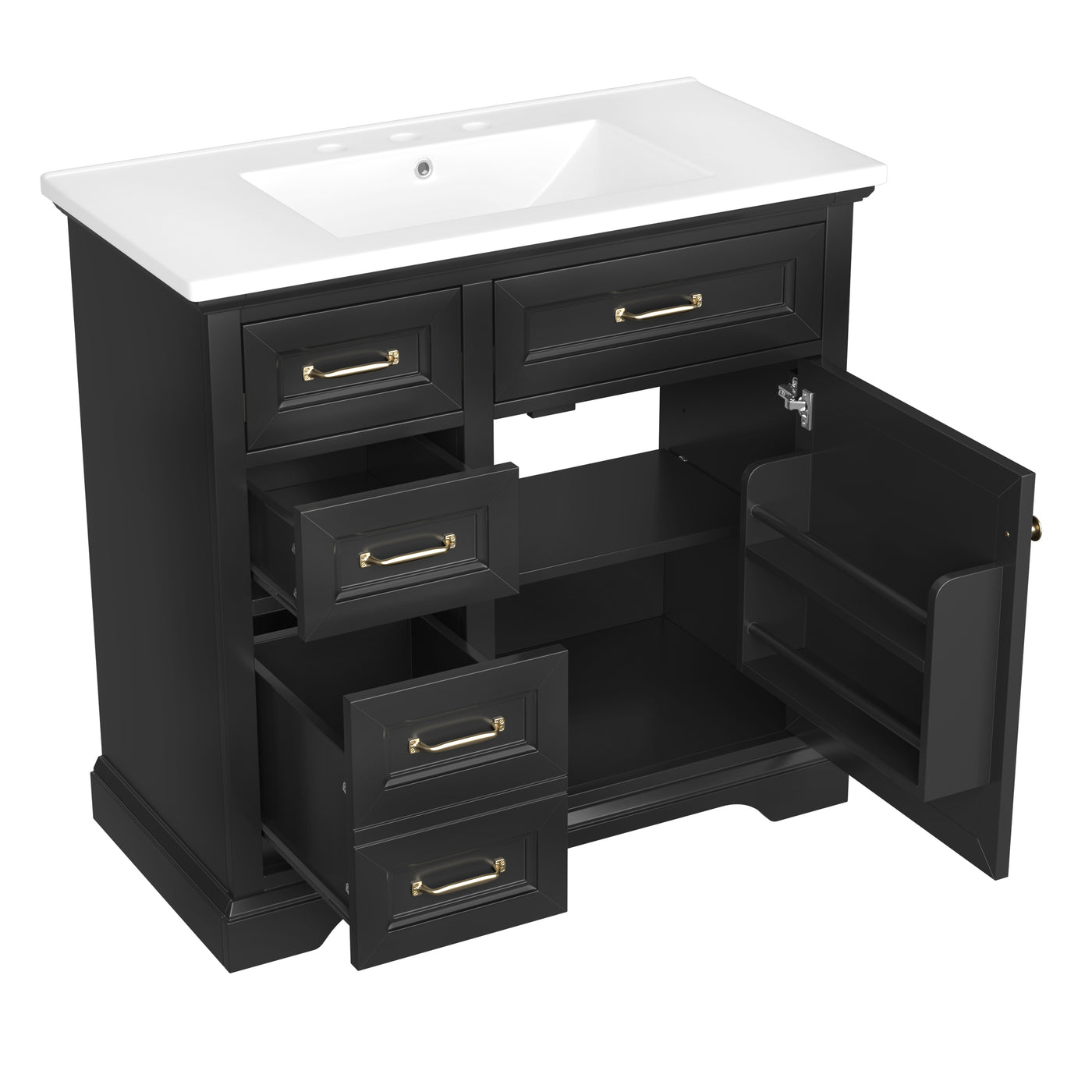 Modern 36-Inch Bathroom Vanity with Ceramic Sink Top, 4 Drawers and 1 Soft-Close Door, Black Finish, MDF and Solid Wood Construction