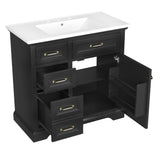 Modern 36-Inch Bathroom Vanity with Ceramic Sink Top, 4 Drawers and 1 Soft-Close Door, Black Finish, MDF and Solid Wood Construction