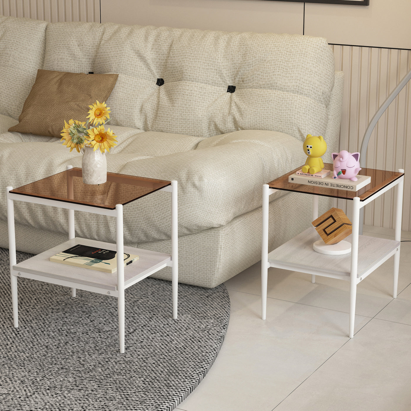 Rectangle Glass Top End Table Set of 2 Brown