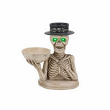 Halloween Skeleton Figurine with Storage Bowl & Candle Holder, Spooky Halloween