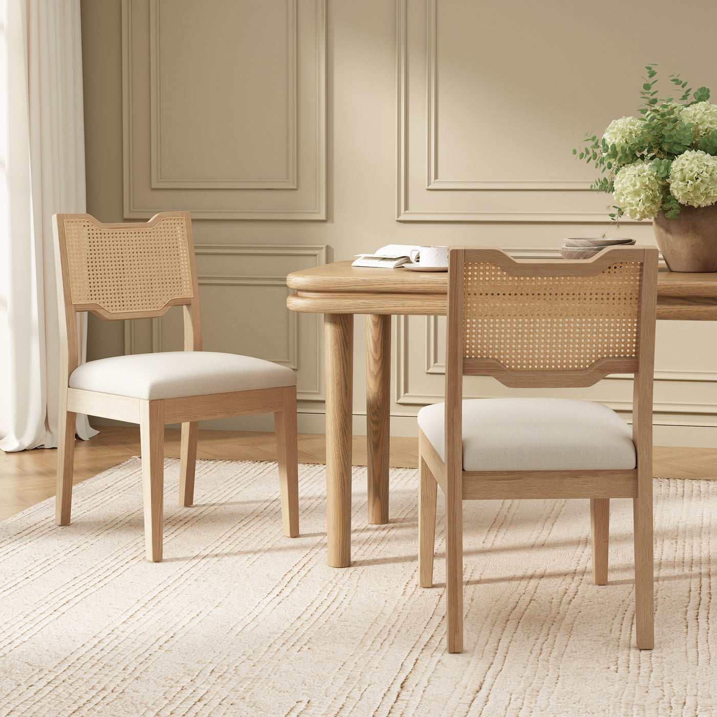 Set of 2 Counter Stools Rattan Backrest Walnut Beige