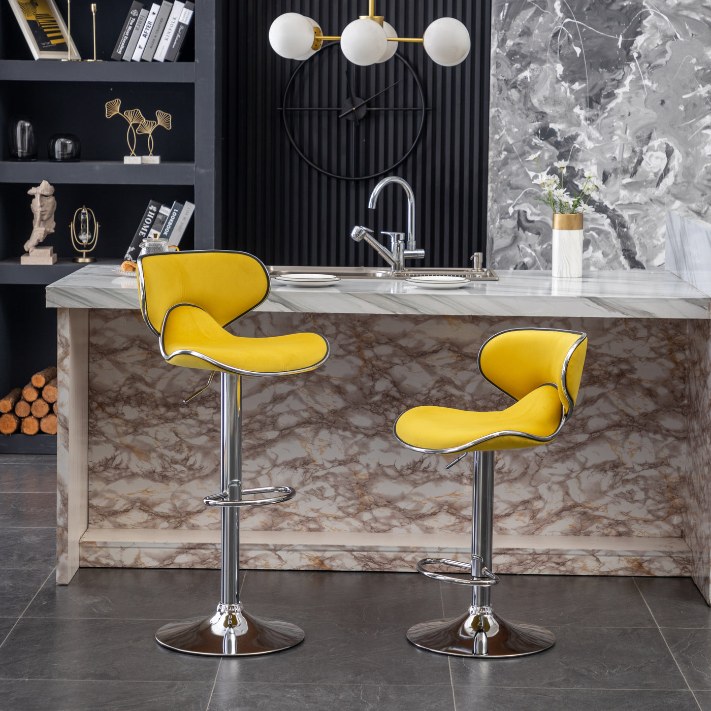 Set of 2 Yellow Velvet Upholstered Swivel Barstools