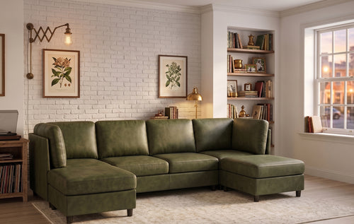 Sectional Sofa Modular Faux Leather Olive 6 Seat 124 In