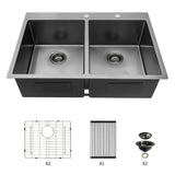 Gunmetal Double Bowl Drop-in Kitchen Sink 33"x22" Stainless Steel