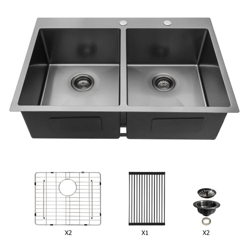 Gunmetal Double Bowl Drop-in Kitchen Sink 33"x22" Stainless Steel