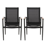 Dining Chair Outdoor Aluminum Mesh Black Natural Faux Wood Accent 22x25x36 In