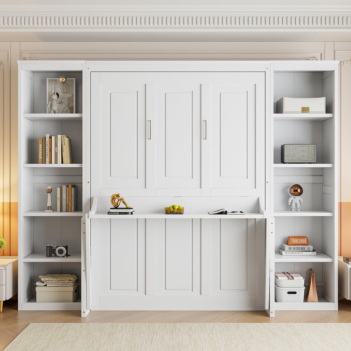 White Full Size Murphy Bed with Desk and Bookshelf, Pine Wood+MDF, 110.3''L x 79.8''W x 82''H
